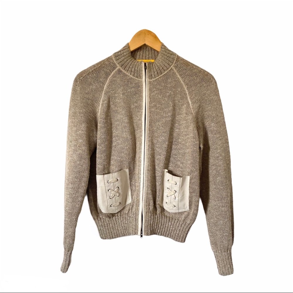 St. John Collection Taupe Zip-Front Wool Cardigan with Lace-Up Pocket Accents